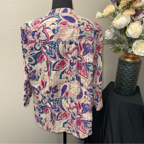 Chico’s Paisley Button Front Tunic Blouse 3 Purple Teal Boho Lightweight - Picture 3 of 7